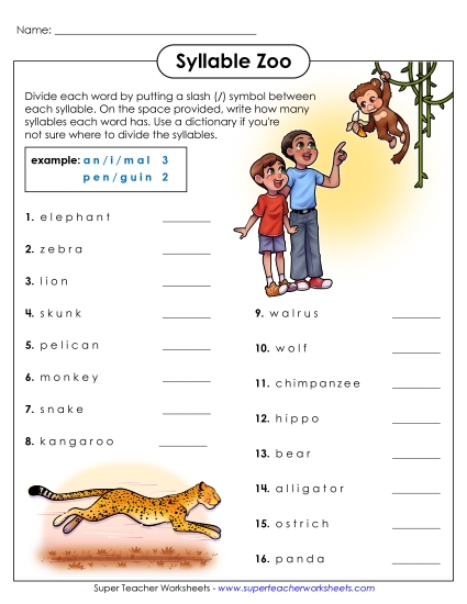 Breaking Words into Syllables  - Zoo Theme (Printable PDF Worksheet)