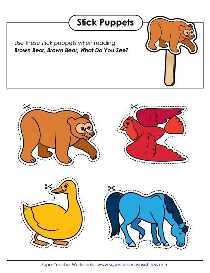 Cut-and-Glue Activities - Brown Bear Stick Puppets (Printable PDF Worksheet)