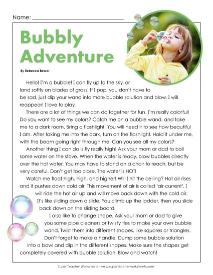 Nonfiction Articles - Bubbly Adventure (Science) (Printable PDF Worksheet)