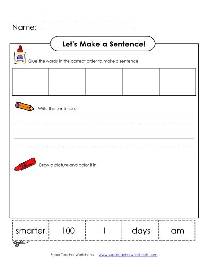 Early Literacy - Build-a-Sentence: 100 Days Smarter (Printable PDF Worksheet)
