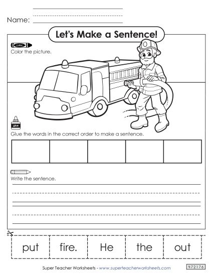 Early Literacy Activities - Build a Sentence Activity: Firefighter Theme (Printable PDF Worksheet)