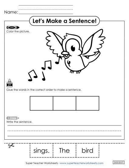 3 Word Sentences - Build a Sentence: Bird (Printable PDF Worksheet)