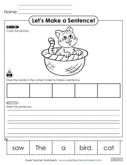 5 Word Sentences - Build a Sentence: Black Cat (Printable PDF Worksheet)