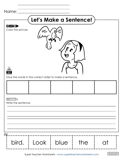 5 Word Sentences - Build a Sentence: Blue Bird (Printable PDF Worksheet)