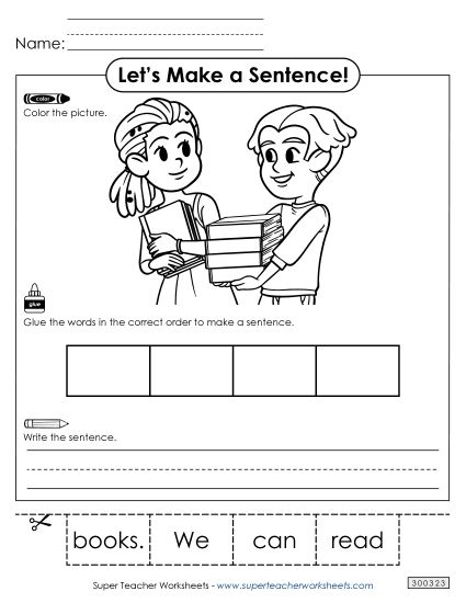 4 Word Sentences - Build a Sentence: Books (Printable PDF Worksheet)