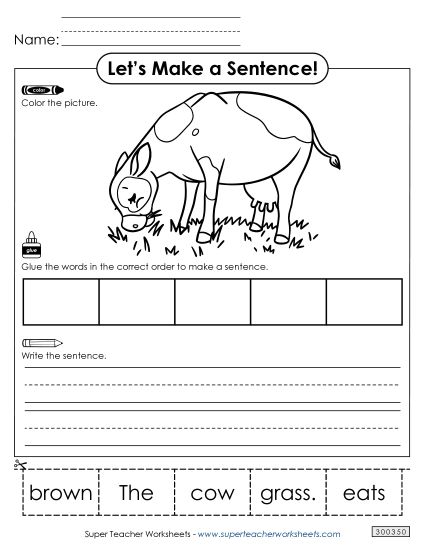 Build-a-Sentence - Build a Sentence: Brown Cow Cut and Glue (Printable PDF Worksheet)
