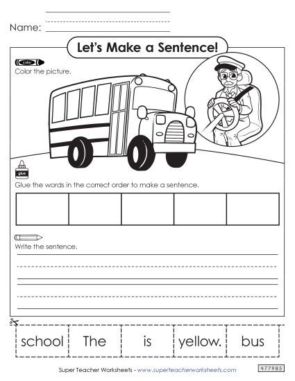 Building Sentences (Cut & Glue) - Build a Sentence: Bus Driver (Printable PDF Worksheet)