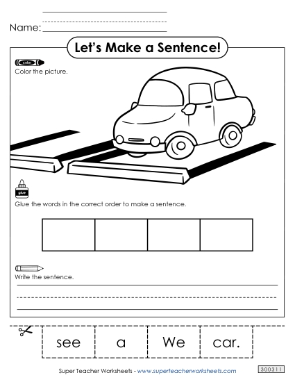 4 Word Sentences - Build a Sentence: Car (Printable PDF Worksheet)