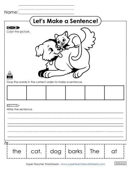 6 Word Sentences - Build a Sentence: Cat & Dog (Printable PDF Worksheet)