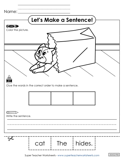 3 Word Sentences - Build a Sentence: Cat (Printable PDF Worksheet)