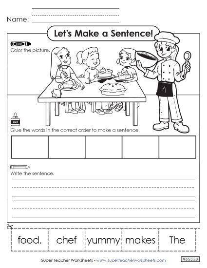 Building Sentences (Cut & Glue) - Build a Sentence: Chef (Printable PDF Worksheet)