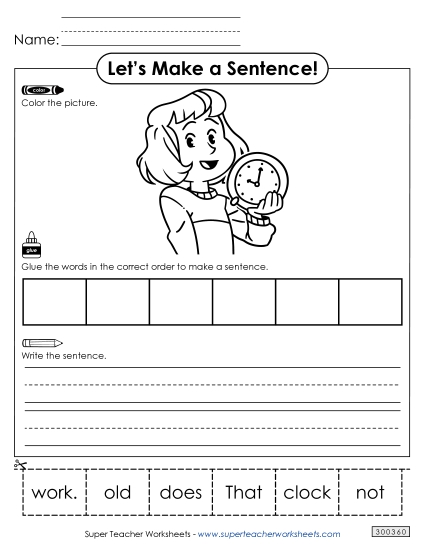 6 Word Sentences - Build a Sentence: Clock (Printable PDF Worksheet)