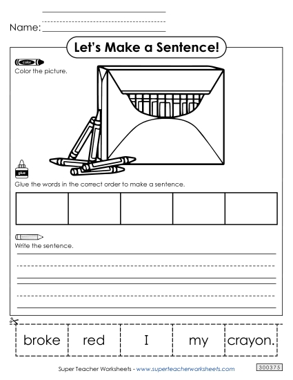 5 Word Sentences - Build a Sentence: Crayon (Printable PDF Worksheet)