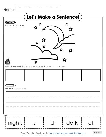 5 Word Sentences - Build a Sentence: Dark (Printable PDF Worksheet)