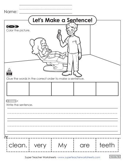 Building Sentences (Cut & Glue) - Build a Sentence: Dentist (Printable PDF Worksheet)