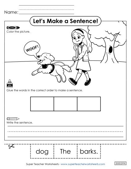 3 Word Sentences - Build a Sentence: Dog (Printable PDF Worksheet)