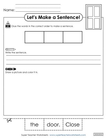 3 Word Sentences - Build a Sentence: Door (Printable PDF Worksheet)