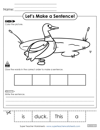 4 Word Sentences - Build a Sentence: Duck (Printable PDF Worksheet)