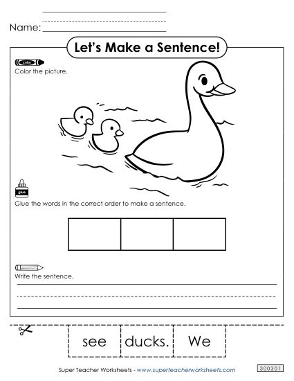 3 Word Sentences - Build a Sentence: Ducks (Printable PDF Worksheet)