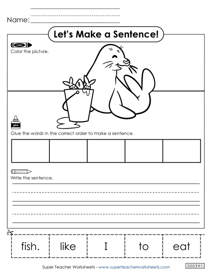 5 Word Sentences - Build a Sentence: Eat Fish (Printable PDF Worksheet)