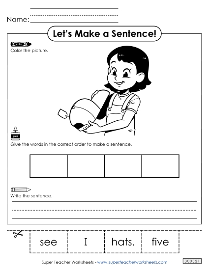 4 Word Sentences - Build a Sentence: Five Hats (Printable PDF Worksheet)