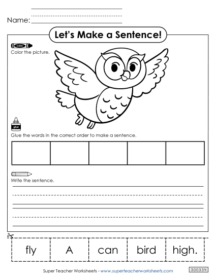 5 Word Sentences - Build a Sentence: Fly High (Printable PDF Worksheet)