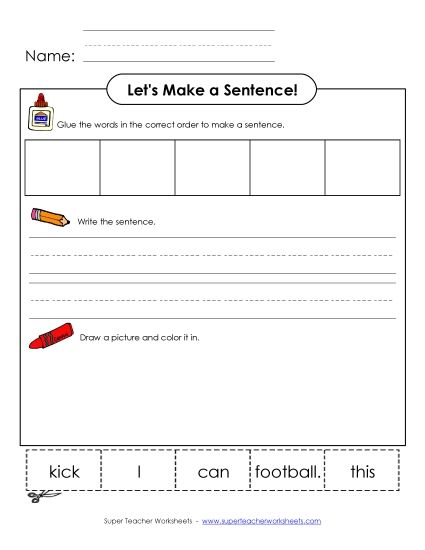 Early Literacy - Build-a-Sentence: Football Kick (Printable PDF Worksheet)