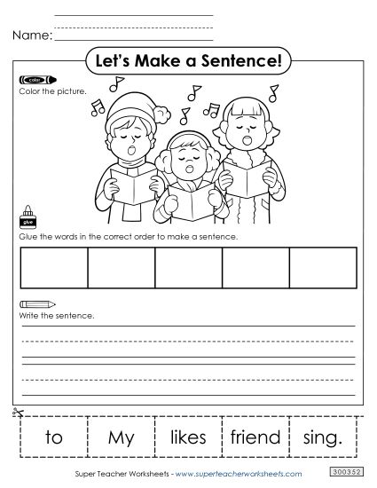 5 Word Sentences - Build a Sentence: Friend Sing (Printable PDF Worksheet)