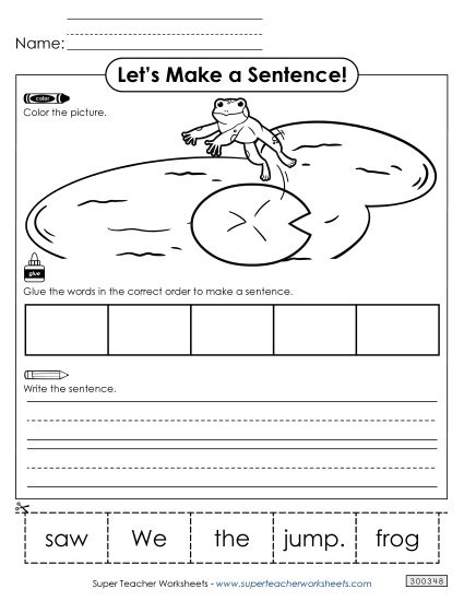 5 Word Sentences - Build a Sentence: Frog Jump (Printable PDF Worksheet)