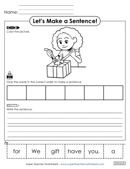 6 Word Sentences - Build a Sentence: Gift (Printable PDF Worksheet)
