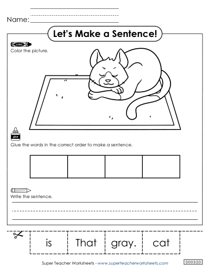 4 Word Sentences - Build a Sentence: Gray Cat (Printable PDF Worksheet)