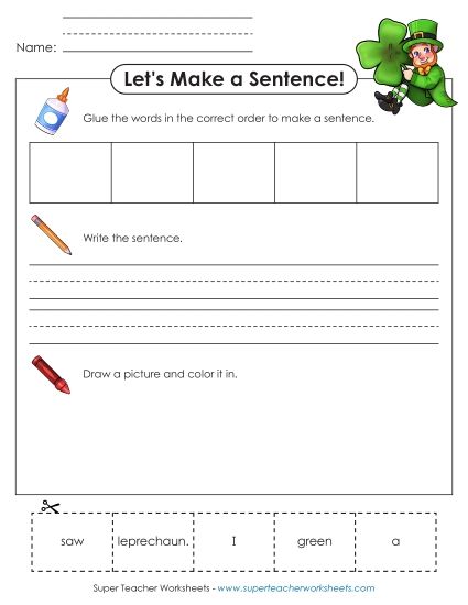 Early Literacy - Build-a-Sentence: Green Leprechaun (Printable PDF Worksheet)