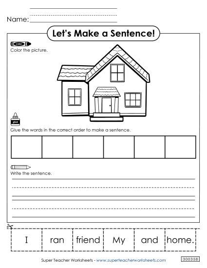 6 Word Sentences - Build a Sentence: Home (Printable PDF Worksheet)