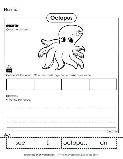Worksheets & Activities - Build a Sentence: I see an octopus. (Printable PDF Worksheet)