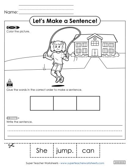 3 Word Sentences - Build a Sentence: Jump (Printable PDF Worksheet)
