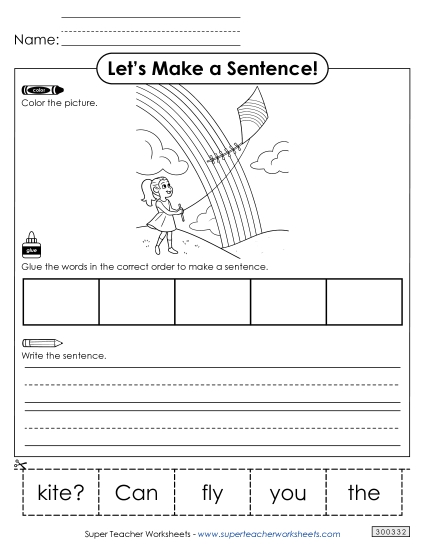 5 Word Sentences - Build a Sentence: Kite (Printable PDF Worksheet)