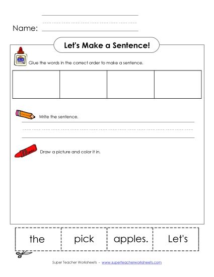 Early Literacy (Very Basic) - Build-a-Sentence: Let's pick the apples. (Printable PDF Worksheet)