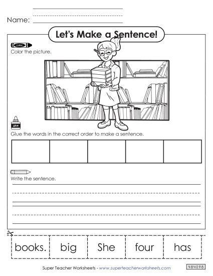 Building Sentences (Cut & Glue) - Build a Sentence: Librarian (Printable PDF Worksheet)