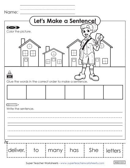 Building Sentences (Cut & Glue) - Build a Sentence: Mail Carrier (Printable PDF Worksheet)