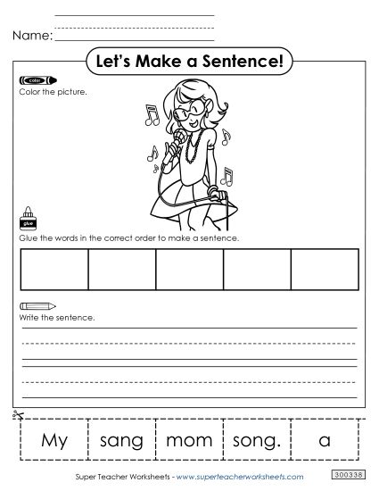 5 Word Sentences - Build a Sentence: Mom Sang (Printable PDF Worksheet)
