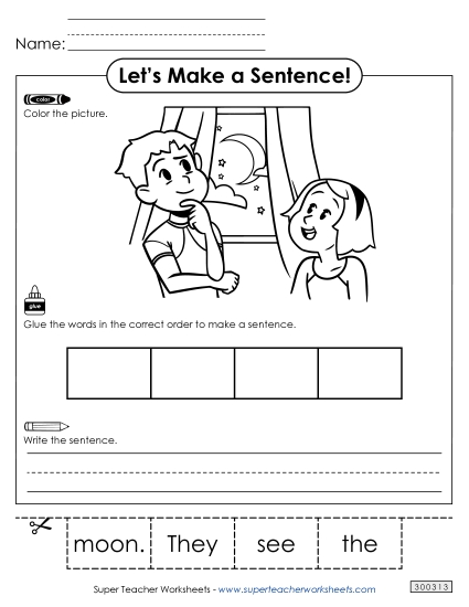 4 Word Sentences - Build a Sentence: Moon (Printable PDF Worksheet)