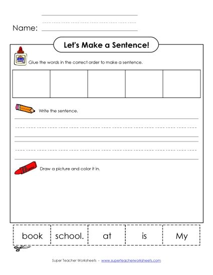 Build Sentences - Build-a-Sentence: My book is at school. (Printable PDF Worksheet)