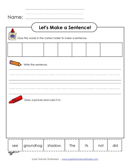 Build a Sentence (Very Basic) - Build a Sentence:  No Shadow (Printable PDF Worksheet)
