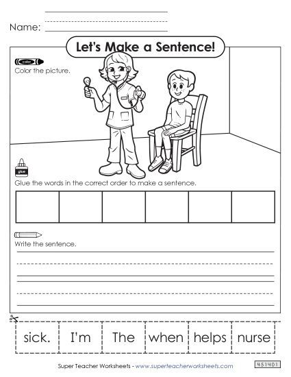 Building Sentences (Cut & Glue) - Build a Sentence: Nurse (Printable PDF Worksheet)