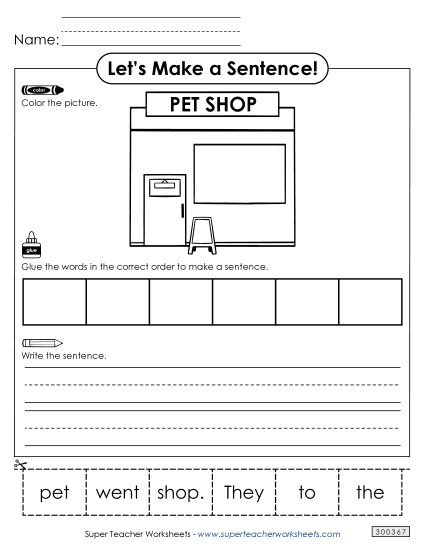6 Word Sentences - Build a Sentence: Pet Shop (Printable PDF Worksheet)
