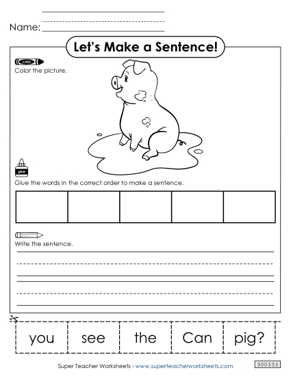 5 Word Sentences - Build a Sentence: Pig (Printable PDF Worksheet)