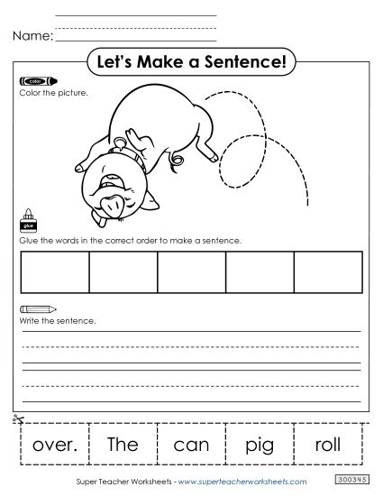 5 Word Sentences - Build a Sentence: Pig Roll (Printable PDF Worksheet)