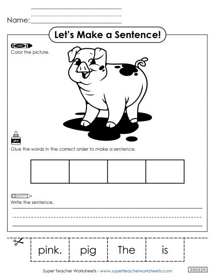 Build-a-Sentence - Build a Sentence: Pink Pig (Printable PDF Worksheet)