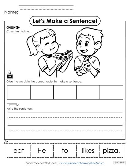 5 Word Sentences - Build a Sentence: Pizza (Printable PDF Worksheet)