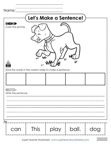 5 Word Sentences - Build a Sentence: Play Ball (Printable PDF Worksheet)